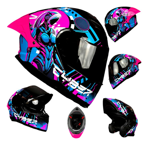 Casco Moto Negro Rosa Dama Abatible Kov Cyberg Nova Mujer
