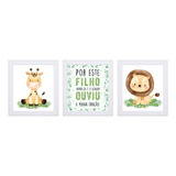 Kit Quadros Decoração Quarto Bebê Menino Frase Safari Verde