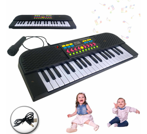 Piano Teclado Infantil Com Microfone Menino Menina Brinquedo Cor Preto A Pilha