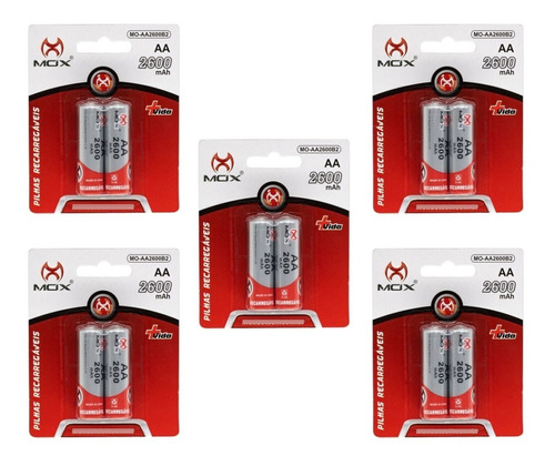 Kit 10 Unid Pilha Recarregável Mox Aa Pequena 2600mah Ni-mh