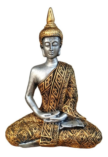 Buda Hindu Medio Estatueta Em Resina Dourado Pele Prata