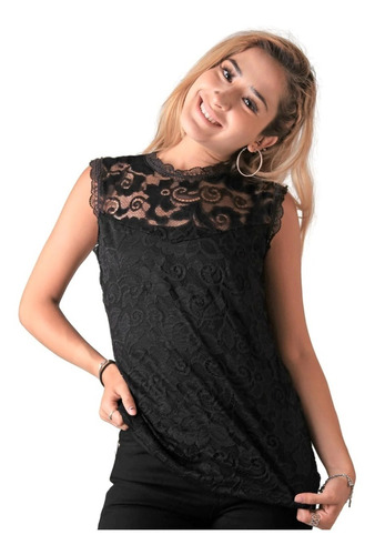 Blusa Sin Manga Cuello Alto De Encaje Vestir Casual 697-4229