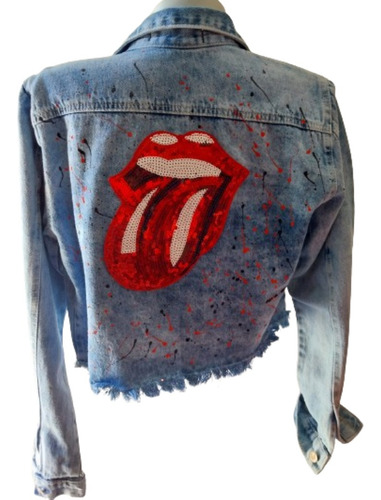 Jaqueta Jeans Feminina Bordada Rolling Stones - Cropped - M