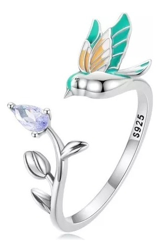 Anillo Ajustable Para Mujer Pájaro Colibrí En Plata 925