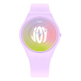 Reloj Swatch Time For Joy Ss09v101 Correa Lila Bisel Lila Fondo Blanco