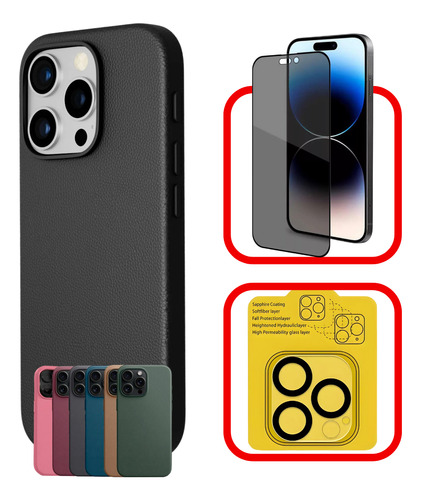 Kit Película Privacidade + Case Couro P/ iPhone 11-16 Pro Ma