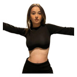 Crop Top Manga Larga Blusa Corta Con Flecos Brillantes