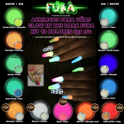 Polvo Acrílico Glow Para Uñas Kit 13 Colores  78gr