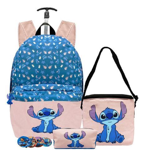 Mochila Escolar Infantil Rodinhas Stitch Lancheira Estojo Cor Azul