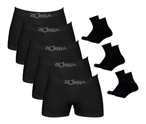 Kit 12 Cuecas Boxer Zorba Preto + 9 Pares De Meias M11