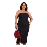 Vestido Feminino Midi Plus Size Tecido Ana Ruga Com Fenda 