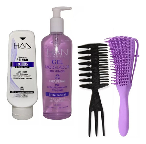 Kit Rulos Han Crema Y Gel + Cepillo Caracol +peine Ahuecador