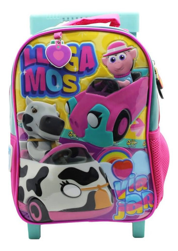 Mochila Escolar La Granja De Zenón Viajar Amiguitos Carro Color Rosa Diseño De La Tela Liso