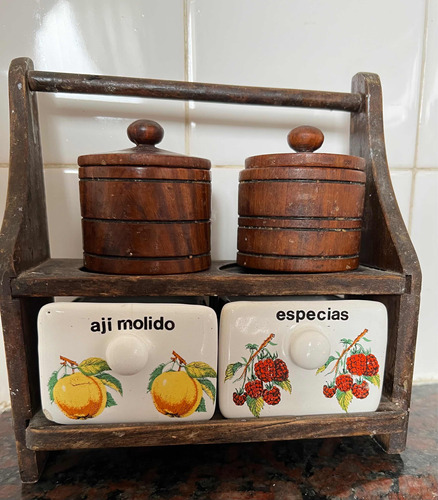 Especiero Vintage En Madera Y Cerámica