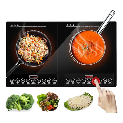Parrilla De Inducción Estufa Eléctrica De 2 Quemadores 2000w + 2000w Pantalla Lcd Controles Táctil Con Fácil Limpieza 8 Niveles De Potencia Y 180min Temporizador, Para Familias, RV, Campamentos | Envío gratis