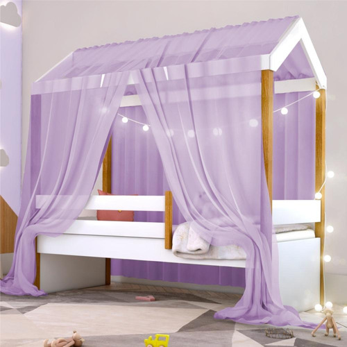 Cama Montessori Com Cordão Led Colchão E Dossel Lilás