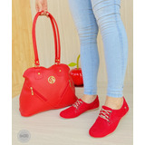 Combo Color Rojo Moda De Calzado Bajito Bolso Cierres