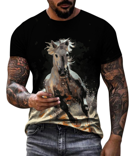 J Camisa Caballo Retro Impresión 3d Cuello Redondo Short-s 1