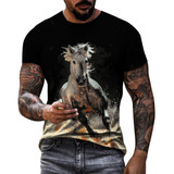 J Camisa Caballo Retro Impresión 3d Cuello Redondo Short-s 1