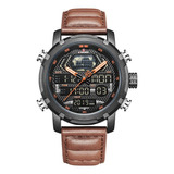 Relógio Masculino Analógico-digital Naviforce 9160, Pulseira Marrom, Moldura Preta, Fundo Preto