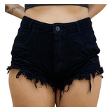 Shorts Jeans Preto Feminino Cintura Alta Desfiado St007