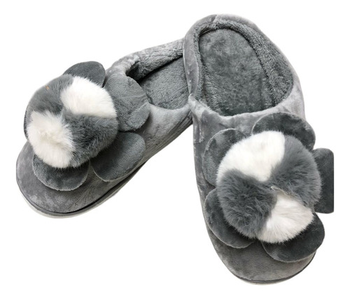 Pantuflas Gris Flor Pompones  Simil Piel Conejo S-m-l