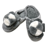 Pantuflas Gris Flor Pompones  Simil Piel Conejo S-m-l