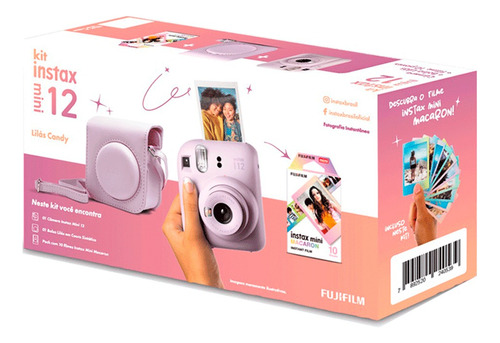 Kit Câmera Instax Mini 12 Lilas + 10 Fotos Macaron E Bolsa 