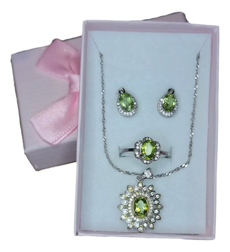 Conjunto Plata 925 Piedra Natural Peridoto Collar Anillo Aro