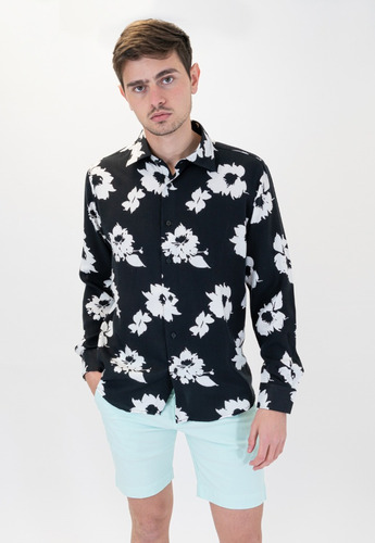 Camisa Hombre Negro Pato Pampa Corte Ejecutivo Flor G Blanca