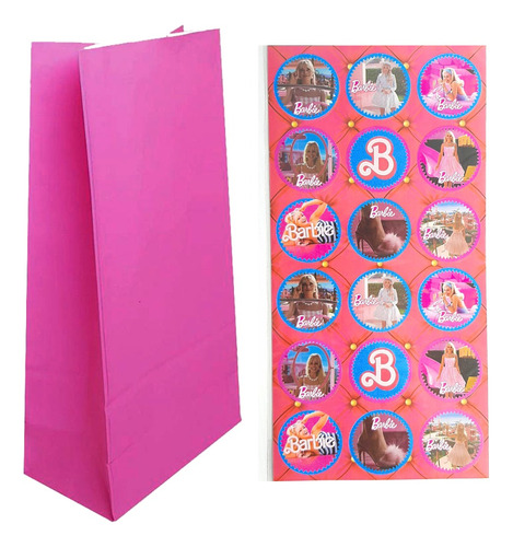  Bolsas Golosineras De Papel Barbie Rosa + Stickers X 10 U