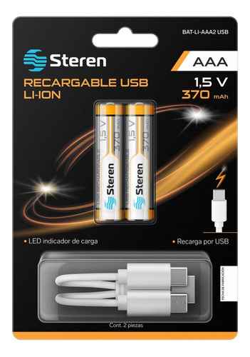 2 Baterías Recargables Usb Li-ion Tipo Aaa, De 370 Mah