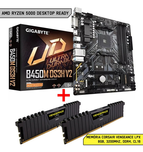 Gigabyte B450m Ds3h V2 + 16 Gb Memória Corsair Lpx (2x8gb)