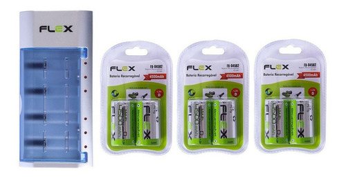 Kit Carregador De Bateria 9v + 6 Pilhas Flex Recarregáveis