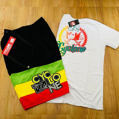 Kit Bermuda Cyclone Veludo Do Reggae + Camiseta Branca Setas