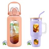 Botellas De Agua De Vidrio De 64 Oz Con Popote Y Tapa Y Vaso