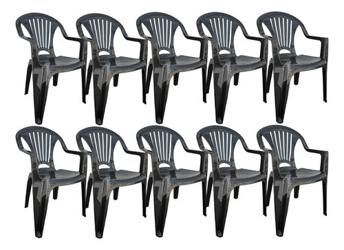 Kit 10 Cadeiras Plástica Preta Super Resistente Área Lazer Poltrona