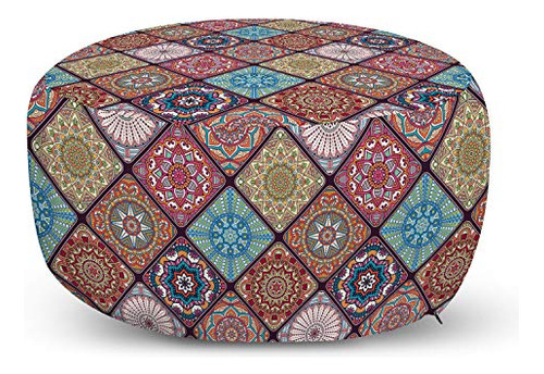 Mandala Ottoman Pouf, Colorful Mosaic Tile Pattern With...