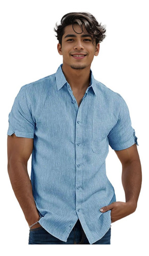 Camisa Cuello Mao Lino Hombre Casual Manga Corta Slim Fit