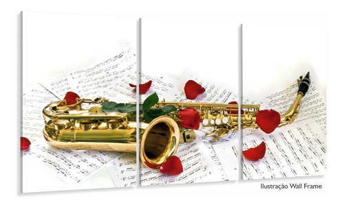 Quadro Saxofone Partituras E Rosas Decorativo Em Tecido 120x