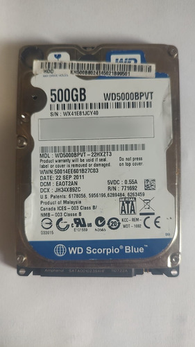 Hd Western Digital Wd Scorpio Blue Wd5000bpvt 500gb Usado