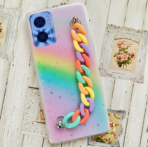 Funda Brillito Arcoiris + Cadena Para Motorola Moto E22 E22i