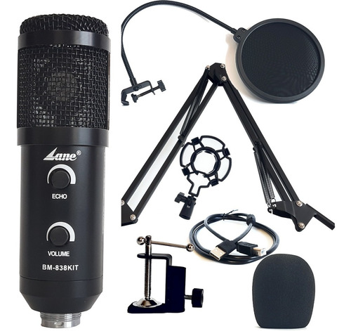 Microfono Condenser Usb Lane Bm-838 Kit Brazo Filtro Araña