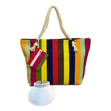 Kit Bolsa De Praia Listrada Colorida E Boné Viseira Branco