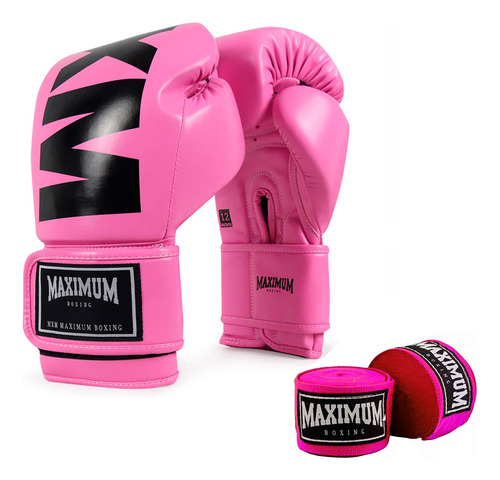 Luva Mxm Muay Thai Boxe Maximum + Par De Bandagem Rosa 5m