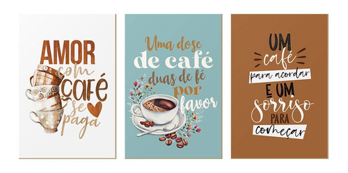 Kit 3 Quadros Decorativos Cozinha Amor Café Frases