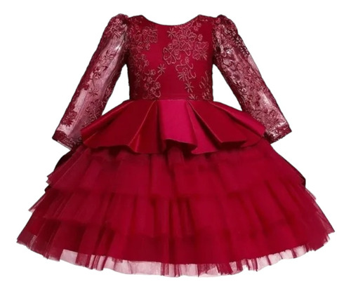 Vestido Niña Rojo Manga Larga Con Cintillo Fiesta Gala Paje
