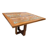 Mesa De Jantar 1.5x1.5m Pé Central Madeira Demolição Pátina