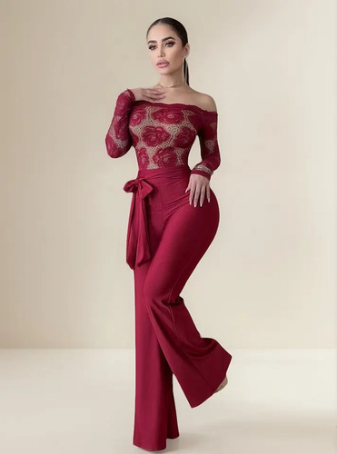 Palazzo Enterizo Elegante Encaje Y Licra Moda Manga Larga