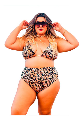 Biquíni Plus Size Hot Pants Cintura Alta Onça Animal Print